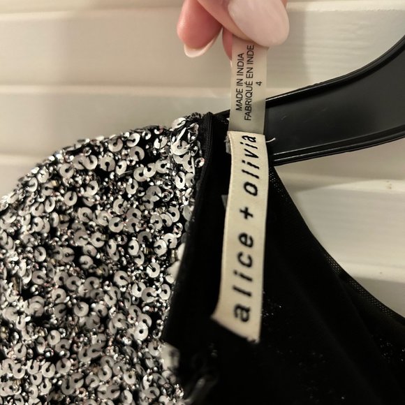 Alice + Olivia Sequin Strong-Shoulder Mock-Neck Dress - Picture 4 of 9